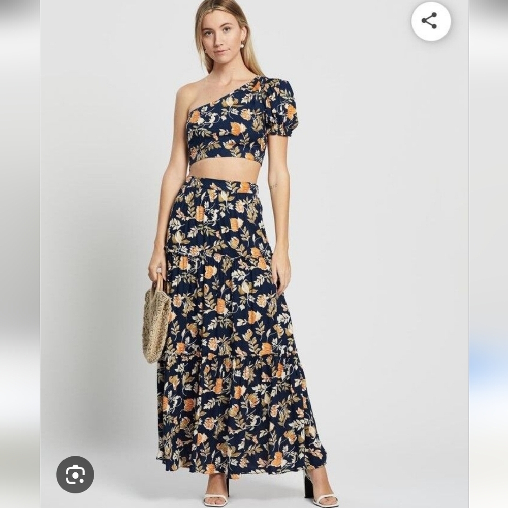 Seven Wonders Elena One-shoulder + Maxi Skirt Set Bohemian Floral Tiered Peasant